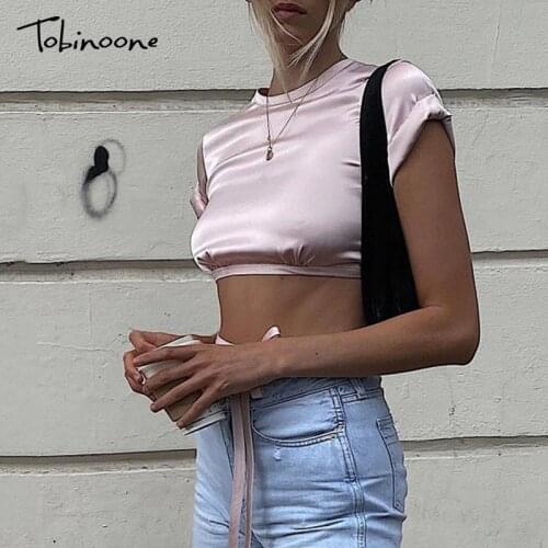 Tobinoone Satin O Neck Lace Up Sexy Crop Top Women Short Sleeve Solid Summer T-shirt Backless Casual Hollow Out Party Tops 2021