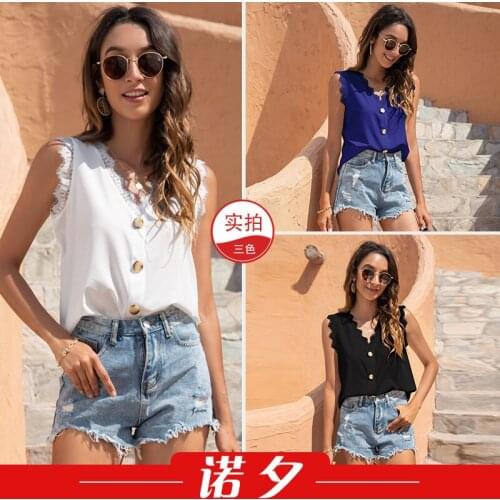 Summer T Shirt Women 2021 New Leisure Vest v-neck button Lace Harajuku Tshirt LHX1827