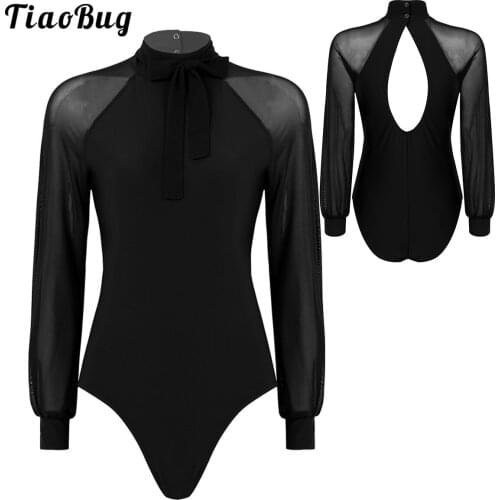 Elegant Women Dancewear Mesh Long Sleeves Mock Neck Cutout Back Ballet Gymnastics Leotard Bodysuit Performance Dance Costume