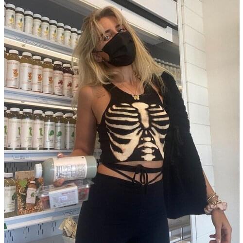 New Gothic Punk Breastbone Print Backless Casual Hot Girl Top Streetwear Summer Sexy Sleeveless Women Black Slim Sling Vest