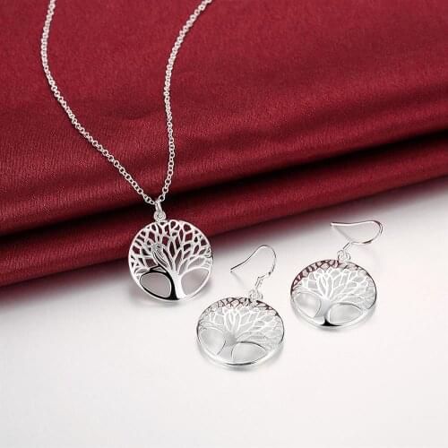 New Popular brands 925 sterling Silver Fine Round leaves Pendant necklace earrings for woman Jewelry sets Fashion Party wedding