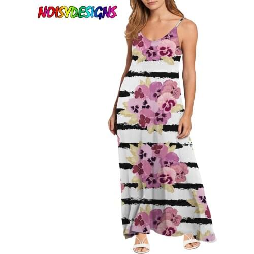 NOISYDESIGNS 2021 Newest Womens Summer Pink Floral Pansy Flowers Printing Long Maxi Beach Dress Sleeveless V Neck Sundress