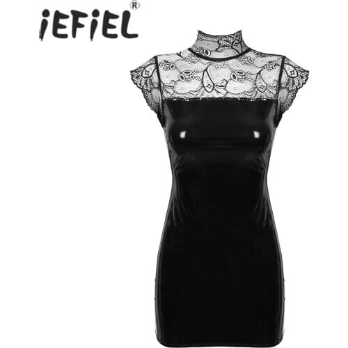 Womens Ladies Wet Look Mini Dress Lace Patchwork Leather Front Zipper Bodycon Sexy Minidress Clubwear Pole Party Pole Costume