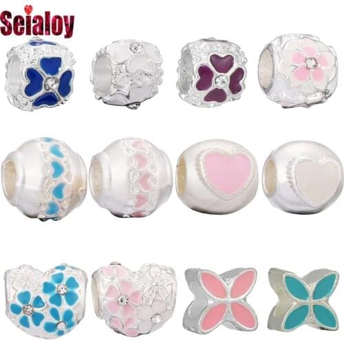 Seialoy 2pcs silver color Flower Beaded heart Beads Charm Fit Brands Bracelets Diy Women Jewelry Making