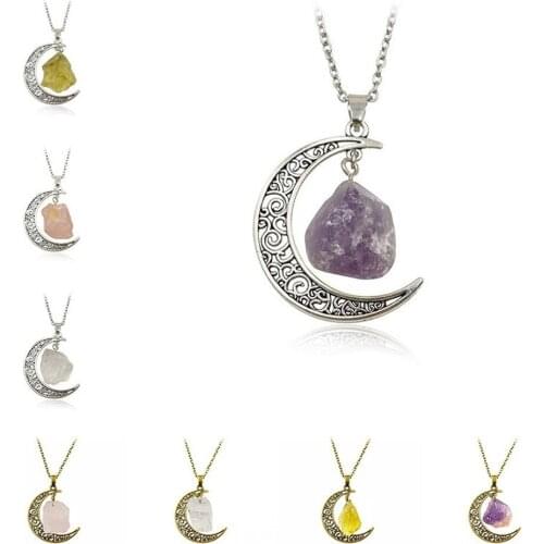 2020 Retro Galaxy Moon Crystal Crescent Irregular Natural Stone Pendant Necklace Necklace Polycrystalline Quartz Crystal Pendant