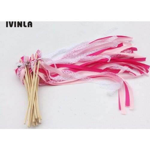 50Pieces/Lot Fushia 3 Ribbons Wedding Wands Lace white Ribbon Birthday Party christamas ribbon stick with bell