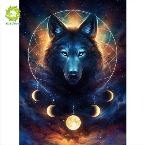 Old Street Home Diamond Painting Full Square,round Animal Diamond Embroidery Rhinestones Pictures Diamond Mosaic Moon Wolf
