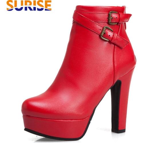 Big Size Women Platform Ankle Boots Red Blue High Chunky Heel Winter Party Office Lady Round Toe Buckle Belt Zipper Short Boots
