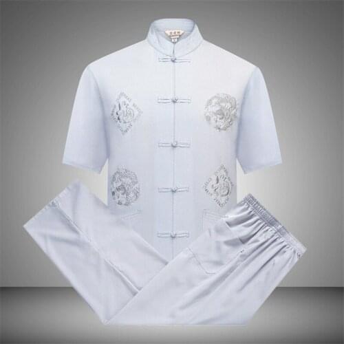 Man Chinese Traditional Clothing Set Casual Kung Fu Tai Chi Uniforms Shirt Pants Print Short Sleeve Oriental Tang Suit