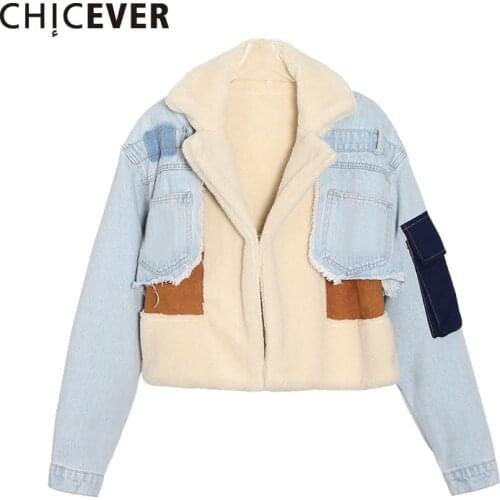 CHICEVER Thick Jackets For Women Lapel Long Sleeve Patchwork Hit Color Pockets Plus Size Casual Coats Female 2020 Winter Clothes