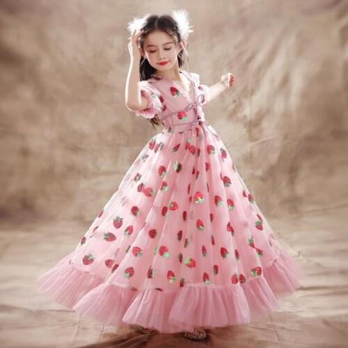 High Quality Children’s Fashion Birthday Party Sexy V-neck Sequines Stitching Mesh Embroidery Ribbon Midi Dress For Girls L326