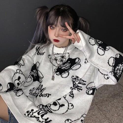 Korea Ulzzang casual cartoon plus size female Streetwear bear sweater plus size loose cute punk Japanese hip-hop sweater