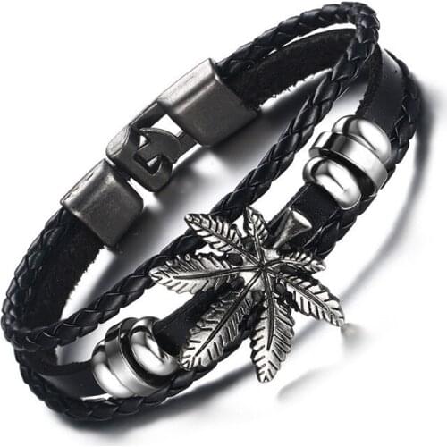 Male Maple Leaf Bracelet Retro Multilayer Leather Rope Bracelets For Men Punk Jewelry Vintage Fashion Black/Brown Bangle Hip Hop