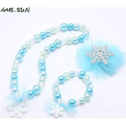 MHS.SUN Cute Baby Girls Chunky Beads Necklace Bracelets Hairpin Set Fashion Blue Style Chunky Jewelry Set With Snowfake Pendant