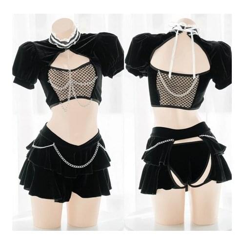 New Sexy Sweet Cool Hard Sister Chain Nets Yarn Sleepwear Girls Hollow Out Perspective Set Skirt Velvet Underwear Black Pajamas