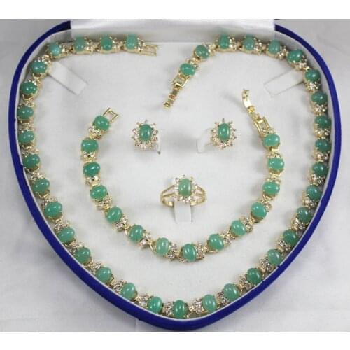 Generious ladys green jade zircon necklace, earings, bracelet and ring(7-9#) jewelry sets for wedding and