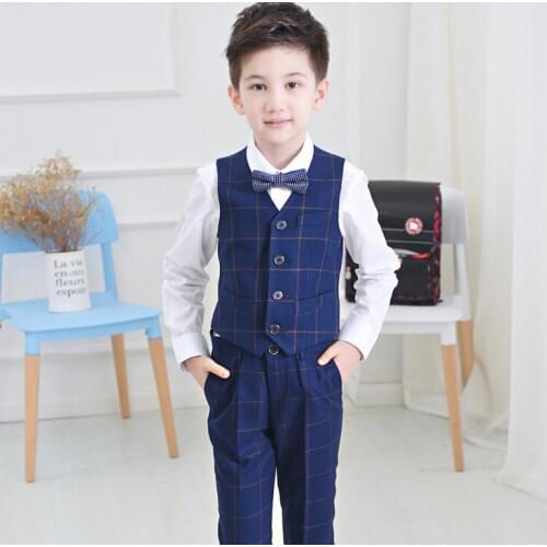 Children Suit Kids Blazer Boys Formal Suit For Weddings Boys Blue lattice Performance Outfits Vest+Pants+Shirt+bow tie 4pcs
