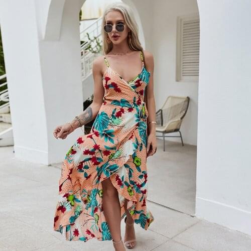 Summer Long Floral Print Woman Dress V-neck Sleeveless Women Casual Beachwear Girls Spaghetti Strap Holiday Dresses DS214