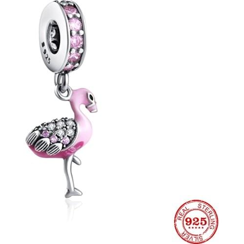 Fit Original Pandora Charms Bracelet 925 Sterling Silver Pink Flamingo Pendant Charm Bead DIY Jewelry Making Berloque For women