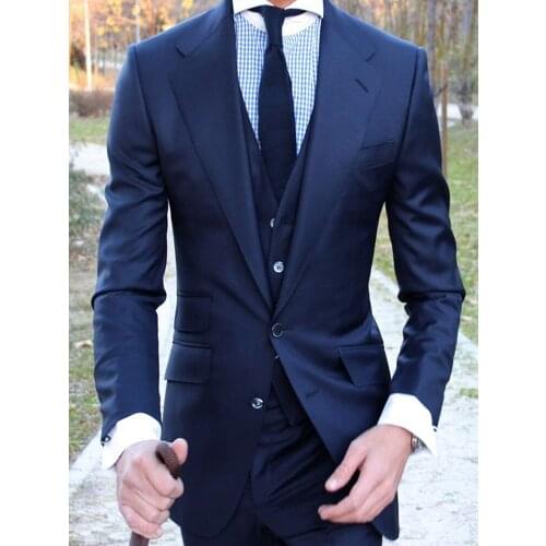Slim Fit Formal Men Suits Navy Blue Notched Lapel Wedding Groomsmen Tuxedos 3 Piece Male Set Suit Jacket Pants Vest