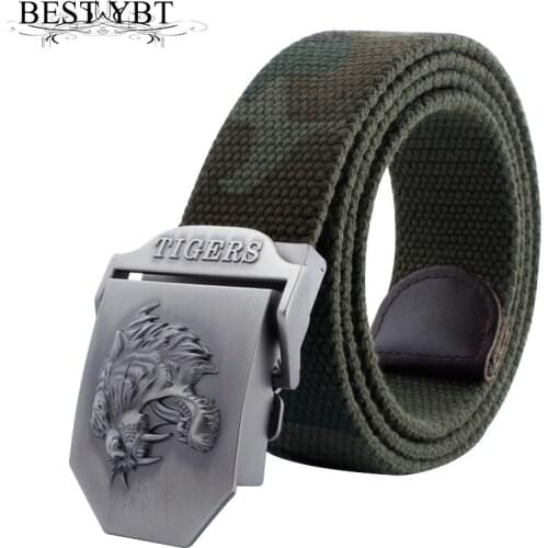 Best YBT Real Striped Adult casual Fashion Unisex tiger Leather Belt Canvas Belt Man Alloy Automatic Buckle Strap Knitted Belt