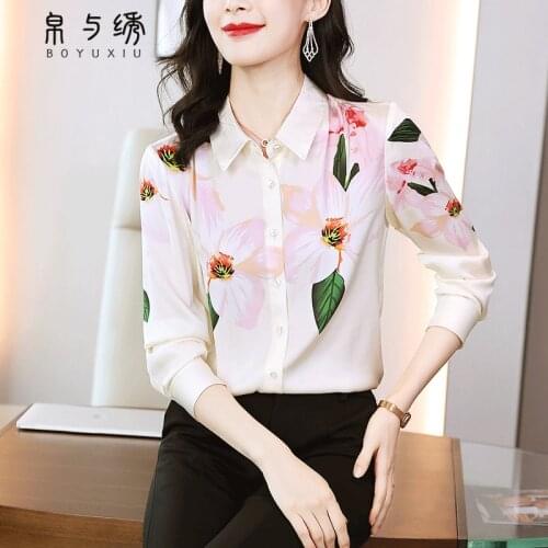 Mulberry Silk Shirt Women Tops Fashion OL Causal Printed Floral Long-sleeved 2021 Spring Fashion Blouse Shirt