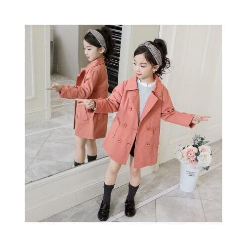 New 5-10 year old girl baby spring clothes little girl in the long section lapel solid color windbreaker clothes fashion coat