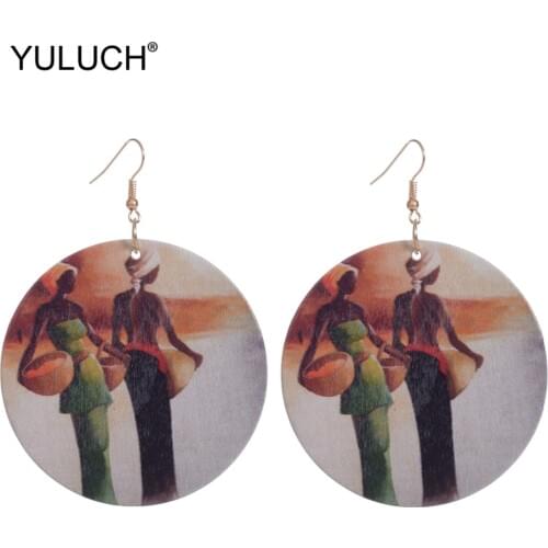 YULUCH Ethnic African Life Painted Printing Hanging Pendant Earrings Fashion Round Wooden Statement Drop Earrings For Women Lady