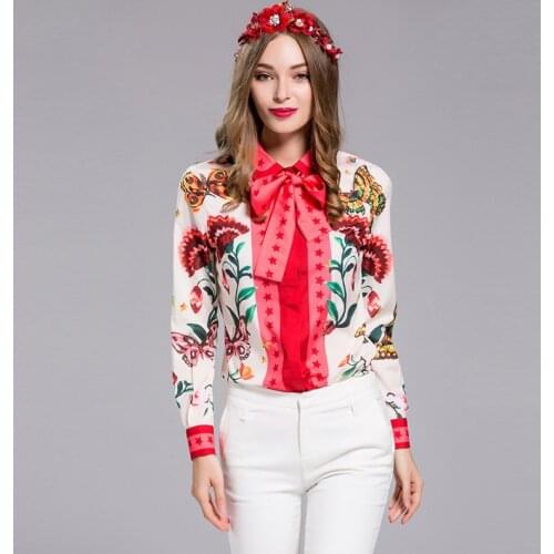 High Quality Plus size Blouse Womens Long sleeve Bow collar Charming Floral Print Shirt Fashion Casual Top