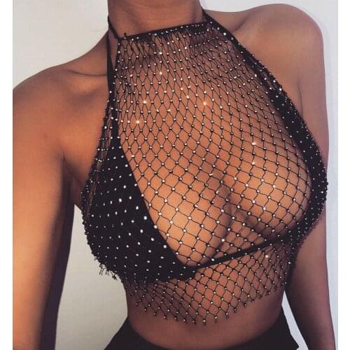 Women Summer Halter Fishnet Beachwear Adults Tie-Up Hollow Out Rhinestone Halter Tank Tops + Skirts Black White Sexy / Charming