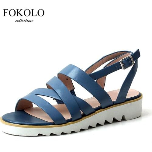 FOKOLO Summer Sandals Womens Flat Shoes Blue Comfortable Sheepskin Vamp and Insole 4cm Waterproof Platform zapatos de mujer L9