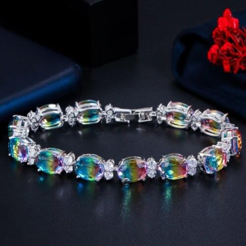 ThreeGraces New Fashion Big Oval Rainbow Cubic Zirconia Crystal Link Chain Bracelet for Women Punk Party Costume Jewelry BR174