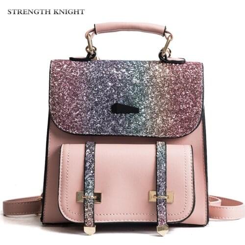 Women Leather Backpack Sequin Simple Casual Schoolbag Medium Size Daypack Girls Daily Bag Vintage Mochila Casual Rucksack