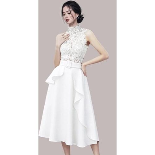 Summer Fashion Women Lace Splicing Ruffles Midi Dress 2021 Elegant White Sleeveless Slim Waist Big Swing Party Dress