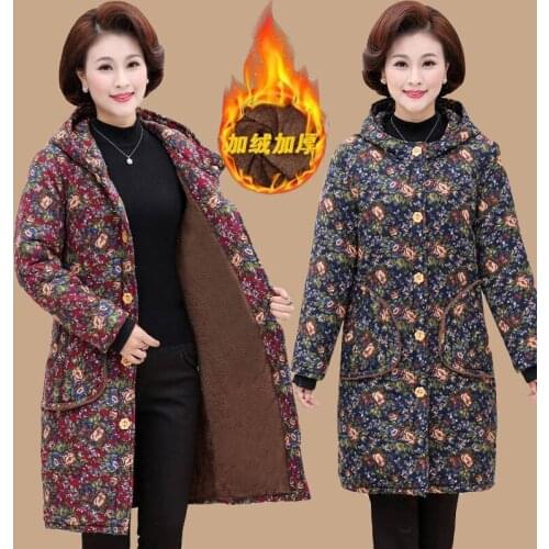 Middle-Aged Elderly Winter Mothers Wear Winter Clothes Plus Velvet Long Cotton Coat Floral Loose Large Size Thick Padded Jacket