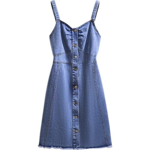 2021 Oversized Women Jean Strap Dress Summer Loose Sleeveless Single-Breasted Casual Denim Sling Dresses Plus Size 6XL KW1102