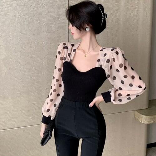 Blusas Mujer De Moda Sexy Slim French Puff Sleeve Polka Dot Mesh Blouse Women Knitting Patchwork Fashion Top Vintage Square