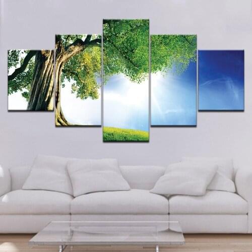 The tree in sunshine landscape 5 piece Wallpapers modern Modular Poster art Canvas painting for Living Room Home Decor