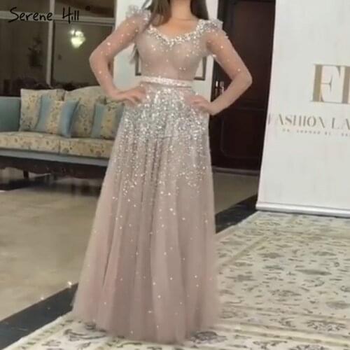 Dubai Pink Silver Long Sleeves Sequins Evening Dresses 2020 V-Neck Sexy A-Line Sparkle Formal Dress Serene Hill LA70314