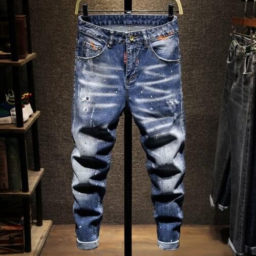 Newly Street Style Fashion Men Jeans Retro Blue Elastic Slim Ripped Jeans Men Embroidery Designer Hip Hop Splash Pencil Pants