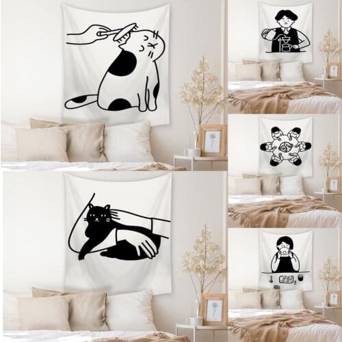 Cartoon Animal Pattern Tapestry Children Room Decoration Black White Cute Girl Tapestry Wall Hanging Decor Living Room Fabric