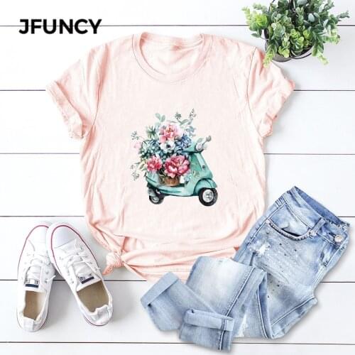 JFUNCY Flower Moto Print Summer Cotton T Shirt Women Short Sleeve T-shirt Female Tees Plus Size Casual Lady Basic Tops