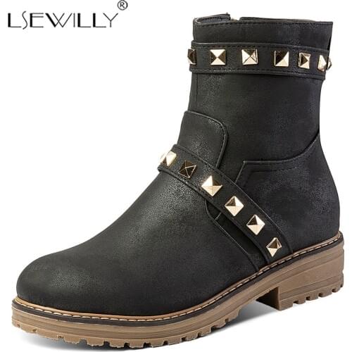 Lsewilly Fashion Rivet Punk Ankle Boots for Women Western Retro Booties Round Toe Thick Heel Boots Black Woman Winter Boots K82