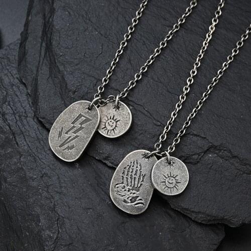 Mens Necklace Vintage Pendant Double Sun Lightning Necklace Stainless Steel Chain Hip Hop Necklace Neck Jewelry