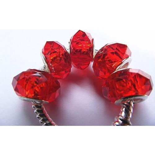 Wholesale 50pcs Fit Brand Charms Bracelet Red Glass Beads for Jewelry Making Facet Charm Bead Big Hole Spacer 14*8mm