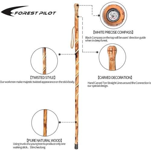 FOREST PILOT Big Ball Head Wooden Hiking Stick with a Compass Nature Color, 48 Inches, Walking stick for Old 2020