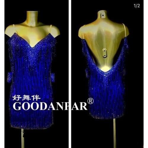 Latin dance dress women competition costume fringes beads tube Rumba dress Sexy dance dress Sleeveless royal blue