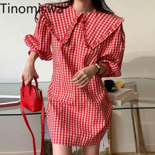 Tinomiswa Women Dress 2021 Spring Autumn Korean College Style Sweet Age-Reducing Ruffled Doll Collar Puff Sleeve Plaid Vestidos