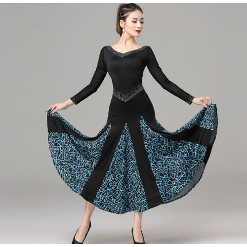 Ballroom Dance Professional Competition Dress Rhinestone V-Neck Printing Hemline Standard Waltz Performance Costume VDB3785
