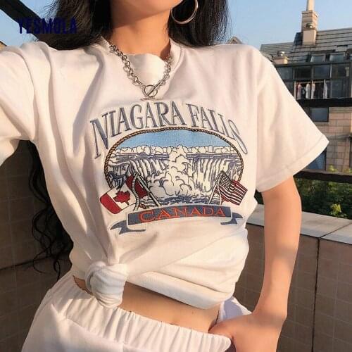 YESMOLA Canada Niagra Falls Printed Shirt Korean Version New Loose Medium Length Short Sleeve Round Neck T-shirt Womens Wear